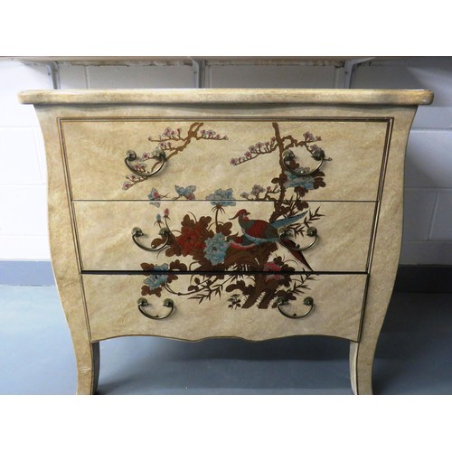 39 - CHINESE ORIENTAL CHEST OF THREE DRAWERS DECORATED WITH FLOWERS AND BIRDS WITH DECORATIVE INNER DRAWE... 