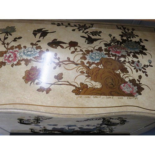 39 - CHINESE ORIENTAL CHEST OF THREE DRAWERS DECORATED WITH FLOWERS AND BIRDS WITH DECORATIVE INNER DRAWE... 