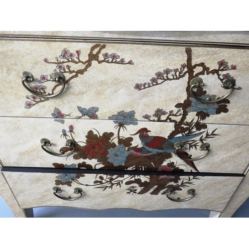 39 - CHINESE ORIENTAL CHEST OF THREE DRAWERS DECORATED WITH FLOWERS AND BIRDS WITH DECORATIVE INNER DRAWE... 