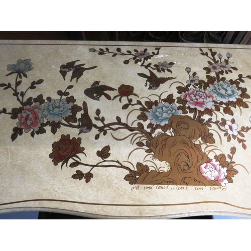 39 - CHINESE ORIENTAL CHEST OF THREE DRAWERS DECORATED WITH FLOWERS AND BIRDS WITH DECORATIVE INNER DRAWE... 