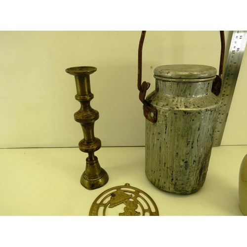 167 - SMALL MILK/CREAM CHURN CANDLE STICKS, INK POT, POT VASE AND CROWN DEVON JUG