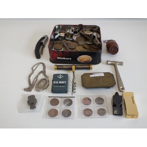 7 - OLD TIN FULL OF MISCELLANEOUS ITEMS, CORKSCREWS, COINS, OLD KEYS etc