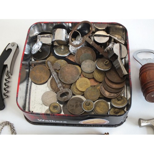 7 - OLD TIN FULL OF MISCELLANEOUS ITEMS, CORKSCREWS, COINS, OLD KEYS etc