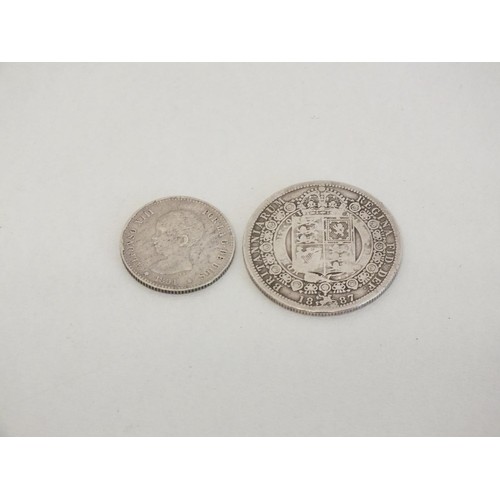 11 - 1887 VICTORIA SILVER HALFCROWN AND 1891 SILVER SPANISH COIN