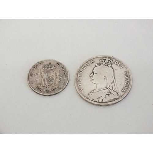 11 - 1887 VICTORIA SILVER HALFCROWN AND 1891 SILVER SPANISH COIN