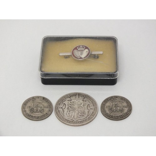 27 - SILVER BROOCH AND SILVER COINS