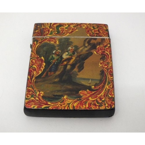 30 - RUSSIAN HAND PAINTED LACQUER TOP OPENING CIGARETTE CASE - 10.5cm x 7.5cm