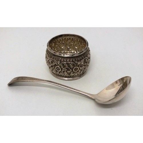 34 - STERLING SILVER HALLMARKED SOUP SPOON 20g, SILVER PLATED TEAPOT and SILVER PLATED NAPKIN RING