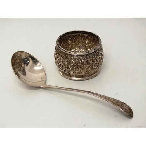 34 - STERLING SILVER HALLMARKED SOUP SPOON 20g, SILVER PLATED TEAPOT and SILVER PLATED NAPKIN RING