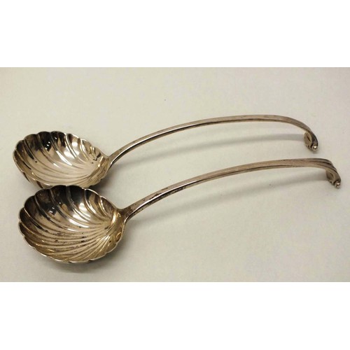 37 - PAIR OF GEORGIAN IRISH STERLING SILVER SHELL BOWL SOUP LADLES WITH SCROLL HANDLES - SILVERSMITH W.W ... 