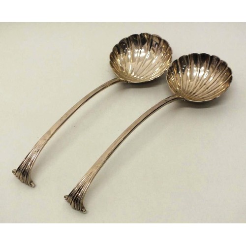 37 - PAIR OF GEORGIAN IRISH STERLING SILVER SHELL BOWL SOUP LADLES WITH SCROLL HANDLES - SILVERSMITH W.W ... 