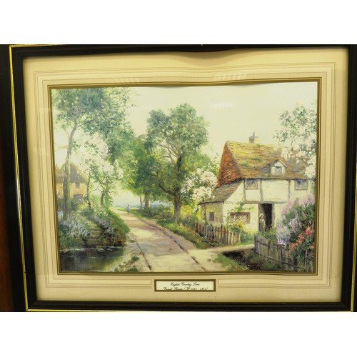 55 - FOUR FRAMED PRINTS INCLUDES ENLISH COUNTRY LANE, FOURTEEN TONS OF THUNDER RAF, TRIBUTE TO JAUN MANUE... 