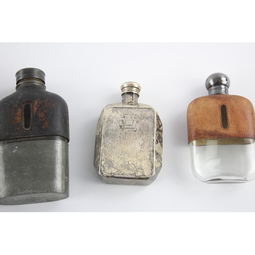 435 - 5 x BREWERIANA HIP FLASKS Inc Silver Plate, Leather, Glass Etc