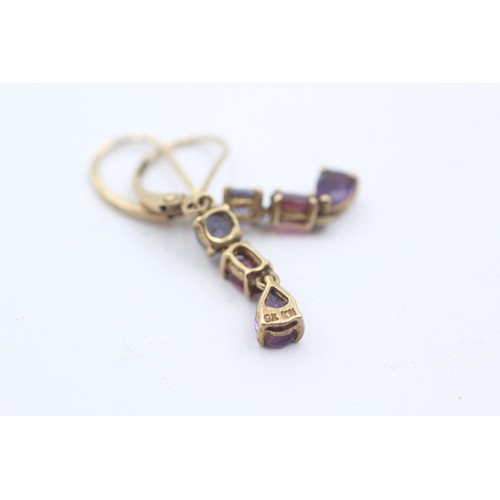 448 - 9ct gold iolite, amethyst and garnet trilogy bib drop earrings (1.8g)