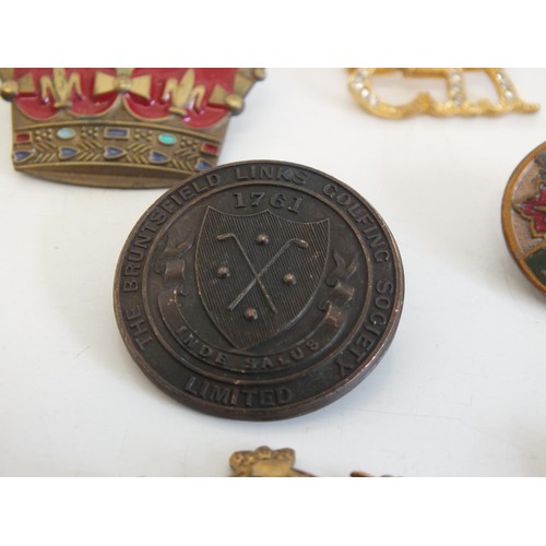 239 - 9 OLD BADGES INCLUDES MILITARY FOR HOME & COUNTRY, ROYAL CROWN, ART DECO ENAMEL SKIER etc