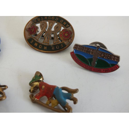 239 - 9 OLD BADGES INCLUDES MILITARY FOR HOME & COUNTRY, ROYAL CROWN, ART DECO ENAMEL SKIER etc