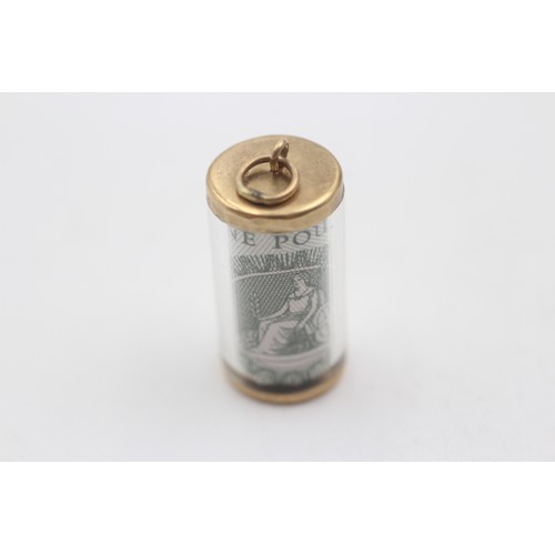 496 - 9ct gold one pound cylinder case charm pendant (3.3g)