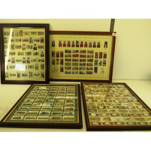 54 - FOUR PICTURES OF FRAMED CIGARETTE CARDS INCLUDES- OGDENS BIRDS AND EGGS, WILLS RAILWAY ENGINES, HORS... 