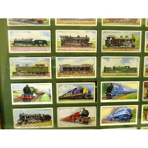 54 - FOUR PICTURES OF FRAMED CIGARETTE CARDS INCLUDES- OGDENS BIRDS AND EGGS, WILLS RAILWAY ENGINES, HORS... 