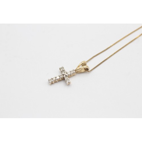 504 - 9ct yellow and white gold diamond paved cross pendant necklace (1g)