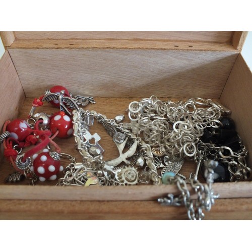 46 - BOX OF ASSORTED JEWELLERY & CHARM BRACELETS SOME SILVER