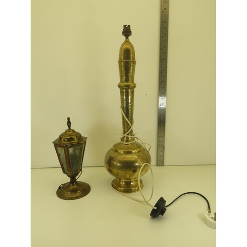 497 - 2 x BRASS LAMPS Inc Lantern, Floral Pattern, Indian Etc