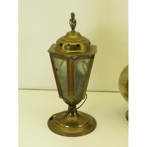 497 - 2 x BRASS LAMPS Inc Lantern, Floral Pattern, Indian Etc