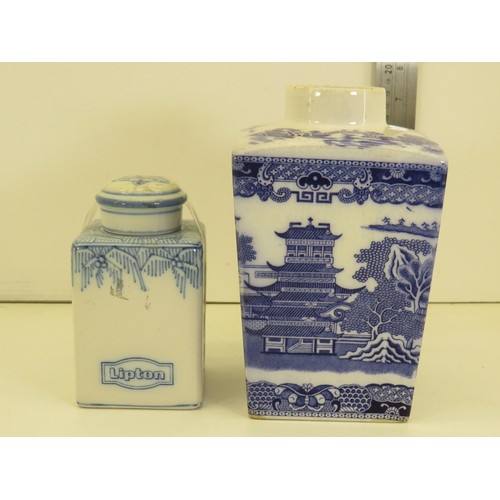 509 - 2 x Blue & White Ceramic Tea Caddie ORNAMENTS Inc LIPTON & RINGTONS