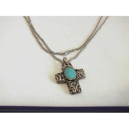 220 - BOXED SILVER CROSS BLUE STONE NECKLACE