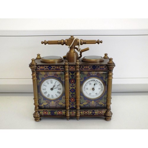 3 - 20th CENTURY BRASS ENAMEL CLOISONNE DESK CLOCK & BAROMETER WITH FRENCH MOVEMENT IN GOOD WORKING ORDE... 