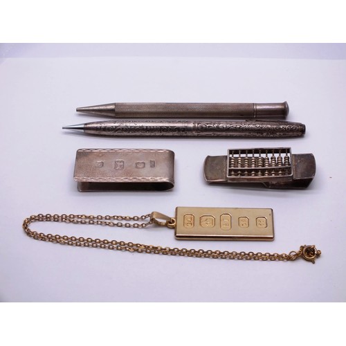 8 - FOUR ITEMS OF SILVER TO INCLUDE 2 MONEY CLIPS ONE ABACUS DESIGN, 2 STERLING SILVER HALLMARKED PEN/PE... 