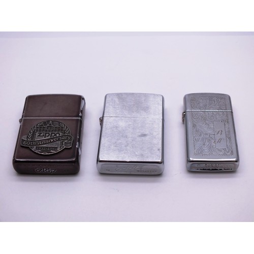 11 - THREE ZIPPO LIGHTERS INCLUDES 60th ANNIVERSARY & CHROME ENGRAVED