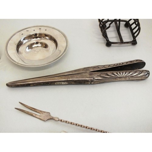 12 - SIX ITEMS OF SILVER INCLUDES TOAST RACK, PILL BOX, TRINKET DISH, 2 PICKLE FORKS & GLOVE STRETCHERS -... 