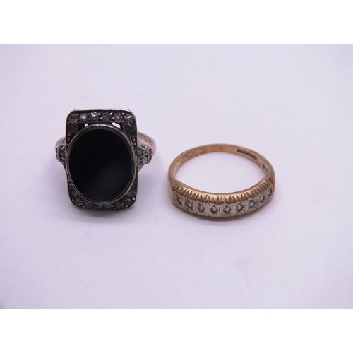 13 - 9ct GOLD DIAMOND HALF ETERNITY RING SIZE K, 2g and 9ct GOLD ART DECO ONYX & PASTE RING SIZE J, 4g