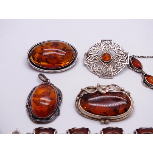15 - 11 x SILVER and AMBER JEWELLERY TO INCLUDE BROOCHES, PENDANTS, NECKLACE, BRACELET & EARRINGS - TOTAL... 