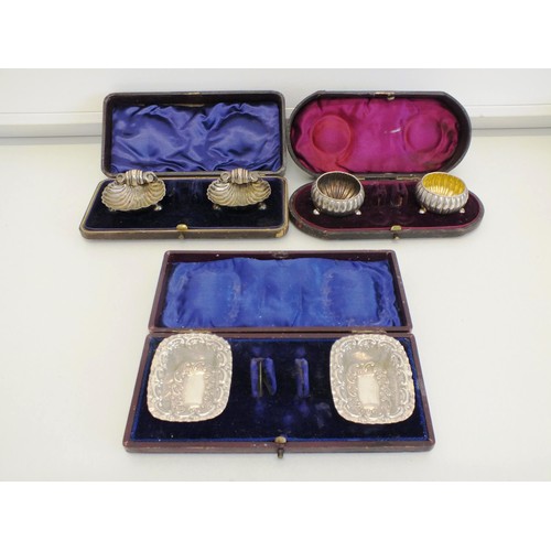 20 - THREE PAIRS OF STERLING SILVER SALT CELLARS IN ORIGINAL PRESENTATION BOXES INCLUDES BIRMINGHAM SCALL... 