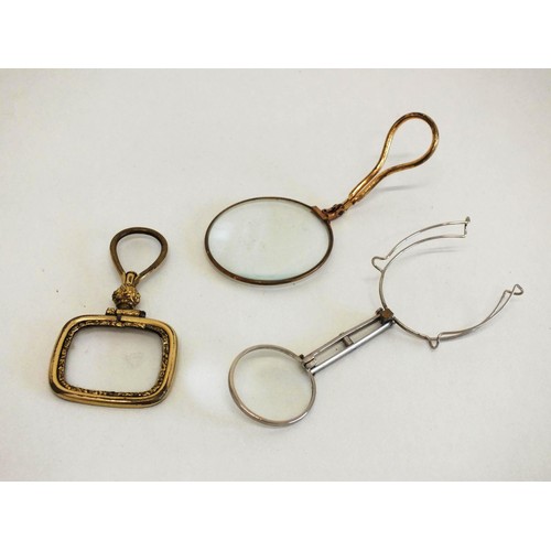 27 - SIX ASSORTED LORGNETTE GLASSES, QUIZZING GLASS & SWING TOP GLASS CAPS