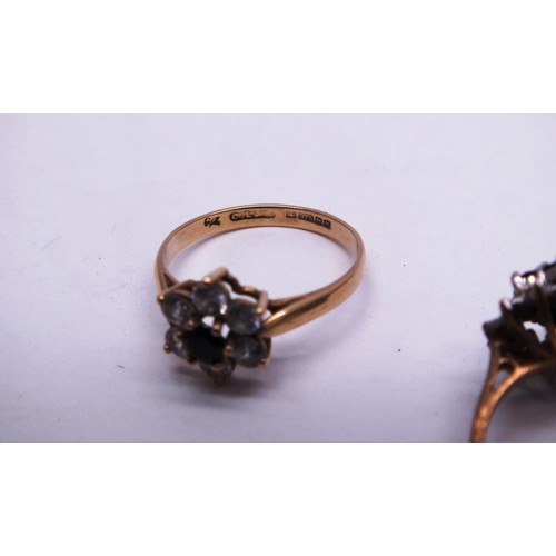 29 - 2 x 9ct GOLD RINGS - CZ CLUSTER SIZE M/2g and DIAMOND/SAPPHIRE CLUSTER SIZE M/3.g
