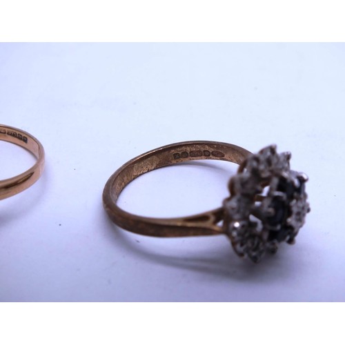 29 - 2 x 9ct GOLD RINGS - CZ CLUSTER SIZE M/2g and DIAMOND/SAPPHIRE CLUSTER SIZE M/3.g