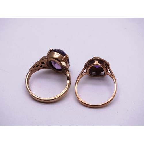 31 - TWO 9ct GOLD RINGS - AMETHYST ROSE GOLD OVAL CLUSTER SIZE M/2.5g and AMETHYST WITH CELTIC WEAVE SHOU... 
