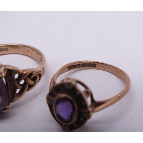 31 - TWO 9ct GOLD RINGS - AMETHYST ROSE GOLD OVAL CLUSTER SIZE M/2.5g and AMETHYST WITH CELTIC WEAVE SHOU... 