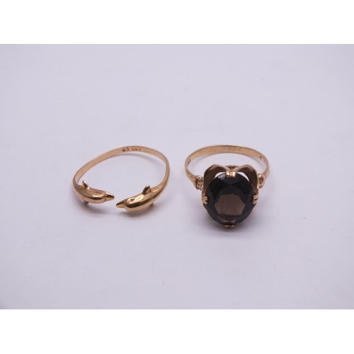 33 - 14ct GOLD DOLPHINS RING SIZE R/1.2g and 9ct GOLD SMOKY QUARTZ RING SIZE N/2.7g