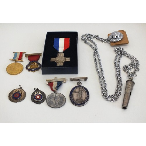 42 - 8 ASSORTED MEDALS, FOBS &  ACME WHISTLE INCLUDES MILITARY SILVER HALLMARKED GENERAL SERVICE CROSS, S... 