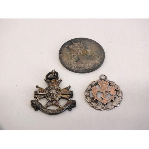 47 - 6 x SILVER ITEMS INCLUDES COINS, FOBS, MEDALS & SWEEETHEART BROOCH