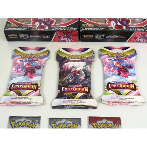 8 - TWO POKEMON LEAGUE BATTLE DEEKS, 3 x POKEMON LOST ORIGINPACKS AND 3 x SUN AND MOON CRIMSON INVASION ... 