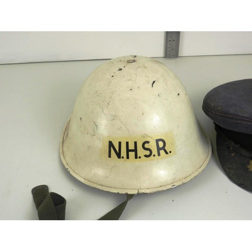 13 - 3 x MILITARY HATS/ HELEMTS- RAT PEAKED CAP, NATIONAL HOSPITAL SERVICE HELMET AND ZUCKERMANN WWII HEL... 