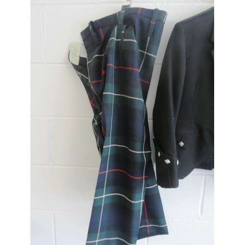 22 - GREEN/BLUE TARTAN TROUSERS, SCOTTISH ARGYLL JACKET RED SASH