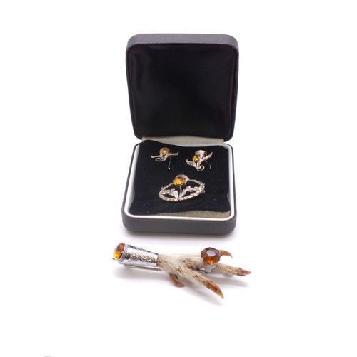 101 - MIZPAH SCOTTISH CLAW BROOCH, WITH CITRINE STONES, PLUS SCOTTISH THISTLE BROOCH AND EARRINGS SET EITH... 