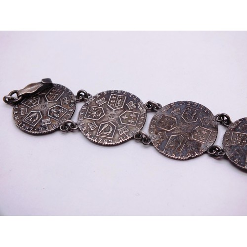 1 - GEORGIAN STERLING SILVER GEORGE III COIN BRACELET, MADE FROM SIX COINS DATED 1787 to 1789, WEIGHT 23... 