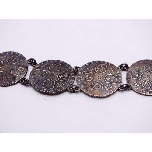 1 - GEORGIAN STERLING SILVER GEORGE III COIN BRACELET, MADE FROM SIX COINS DATED 1787 to 1789, WEIGHT 23... 